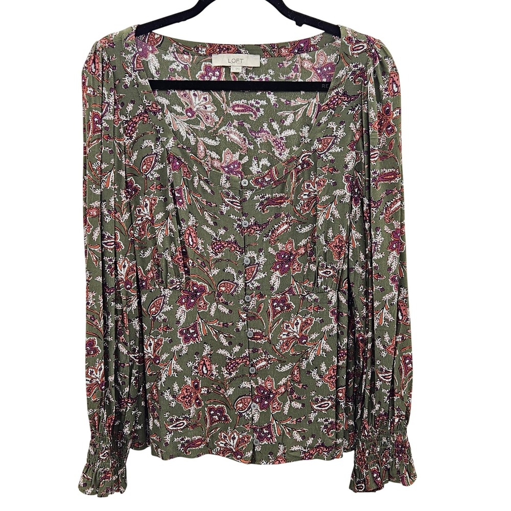LOFT Womens Large Green Paisley Floral Button Front Smocked Cuff Blouse Top L‎
